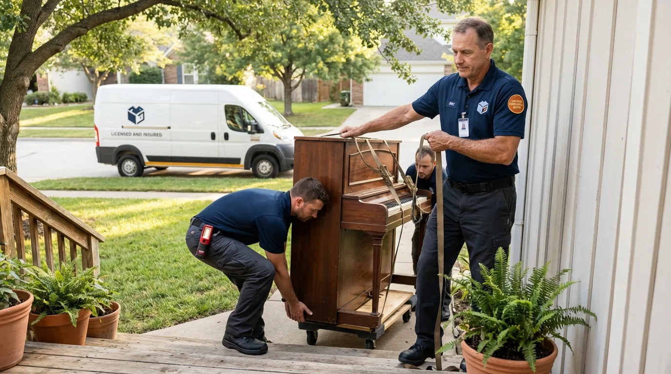 Licensed piano movers securing grand piano in Saint Ann, MO
