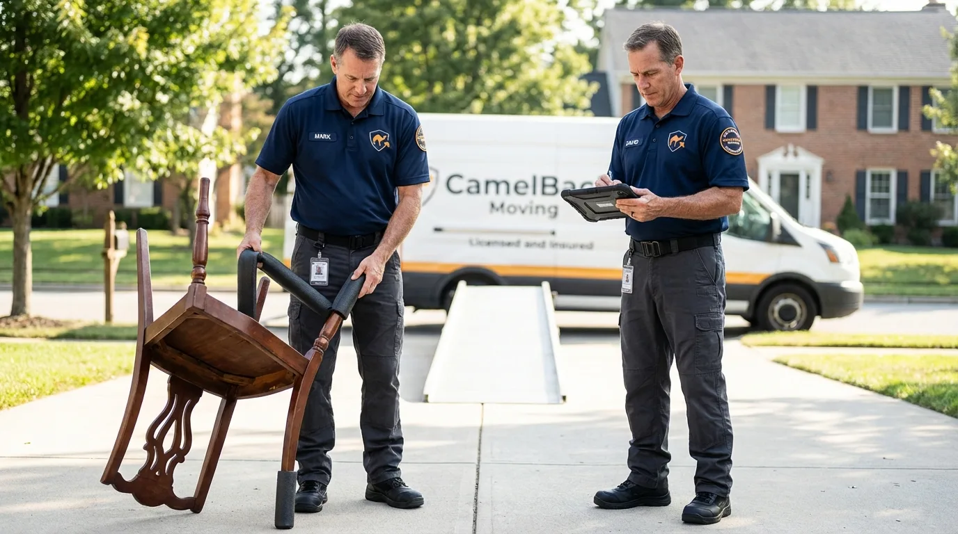 Movers inspecting furniture for damage prevention before loading in Saint Ann, MO