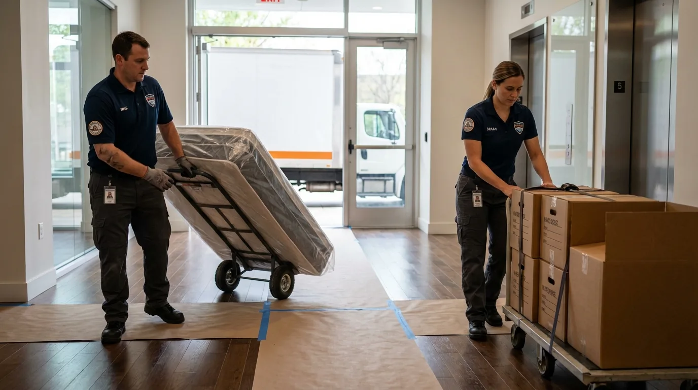 Professional apartment movers loading elevator in Saint Ann, MO