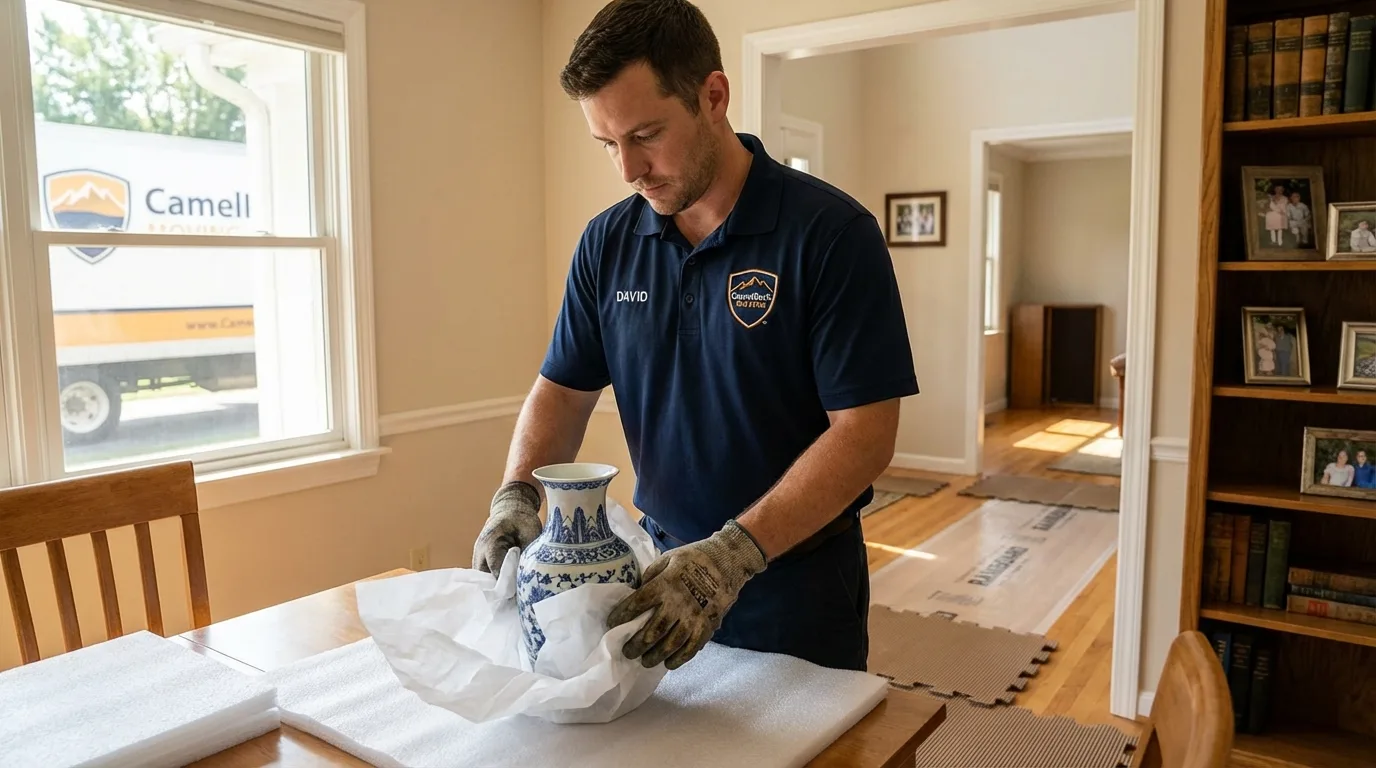 Professional crew carefully wrapping antique vase for senior downsizing move in Saint Ann, MO